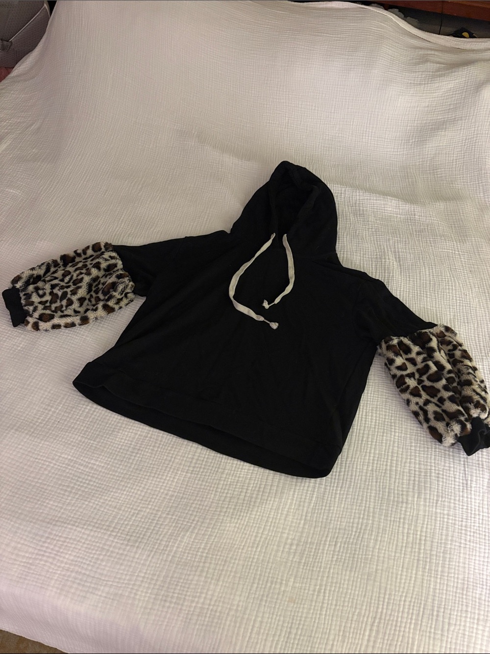 Black Hoodie with Leopard Faux Fur Sleeve Accents